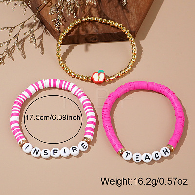 Teachers' Day Plastic Letter Inspire Teach Polymer Clay Heishi Beaded Stretch Bracelet Sets IE3330-1-1