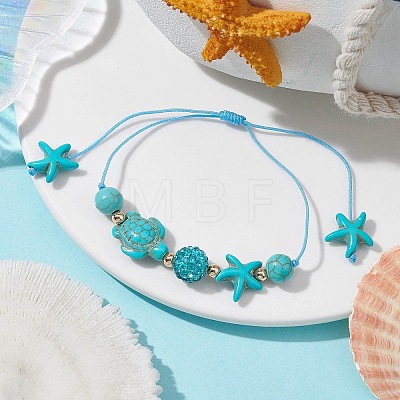 Starfish & Turtle Synthetic Turquoise(Dyed & Heated) Braided Bead Bracelets BJEW-JB09818-01-1