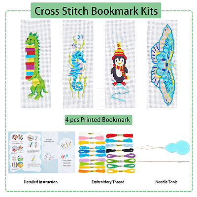 Gorgecraft 4 Sets 4 Style DIY Sea Horse/Penguin/Dinosaur/Butterfly Pattern PP Bookmarks Cross Stitch Kits DIY-FG0004-07-1
