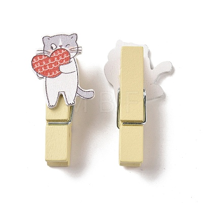 Cat with Heart Theme Wooden & Iron Clothes Pins AJEW-H137-03-1