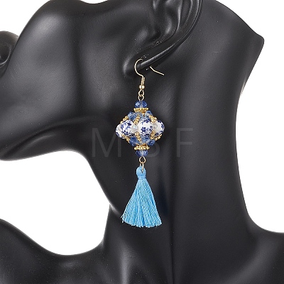 Lantern Glass Seed with Handmade Polyester Cotton Tassel Dangle Earrings EJEW-MZ00671-1