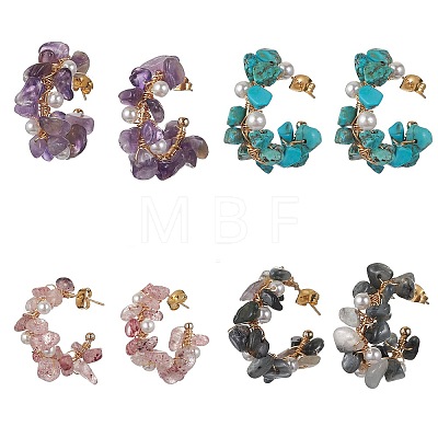 4 Pairs 4 Style Natural & Synthetic Mixed Gemstone Chips Beaded Ring Stud Earrings EJEW-TA00285-1