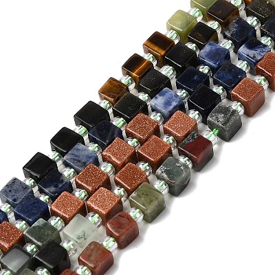 Synthetic Goldstone & Natural Tiger Eye & Golden Sheen Obsidian & Sodalite & Chinese Southern Jade & Yellow Aventurine & Sesame Jasper & African Bloodstone Beads Strands G-H333-03F-1