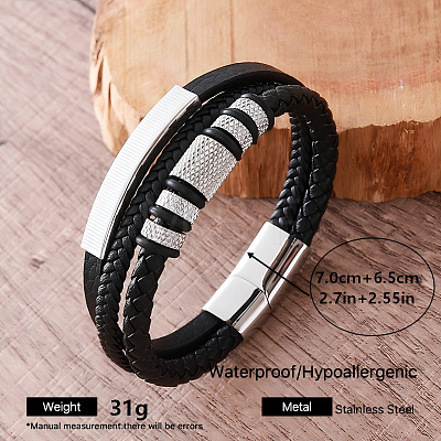 Vintage 304 Stainless Steel Braided PU Leather 3-Strand Bracelets with Magnetic Clasps for Men AW4571-6-1