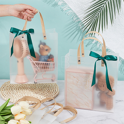 Transparent Frosted PVC Plastic Gift Tote Bags with Green Ribbon LS-ABAG-WH0048-68A-1