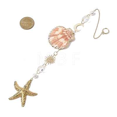 Electroplate Sea Shell & Glass & Stainless Steel Pendants Starfish Shell Hanging Suncatchers HJEW-JM04561-1