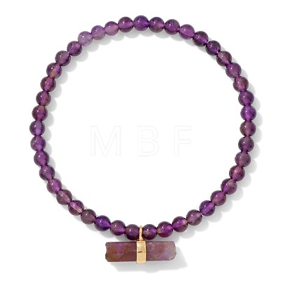 4MM Natural Amethyst Round Beaded Stretch Bracelets with Faceted Column Gems Charms WG291B2-02-1