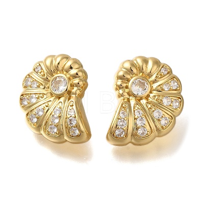 Rack Plating Shell Shape Brass Micro Pave Clear Cubic Zirconia Stud Earrings EJEW-H143-27G-1