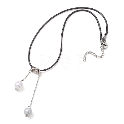 ABS Plastic Imitation Pearl Round Tassel Pendant Black Waxed Polyester Cord Necklaces for Women NJEW-JN05610-01-1