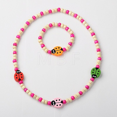 Stretchy Wood Jewelry Sets: Necklaces & Bracelets for Kids SJEW-JS00669-01-1