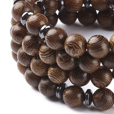 Natural Wood & Coconut Beaded Four Loops Wrap Bracelet Necklace with Gourd BJEW-JB08539-1