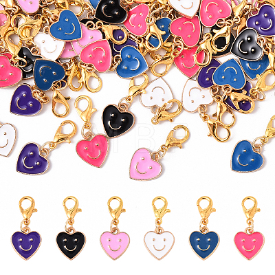 48Pcs 6 Colors Alloy Enamel Heart with Smiling Face Pattern Pendant Decorations HJEW-YW00178-1