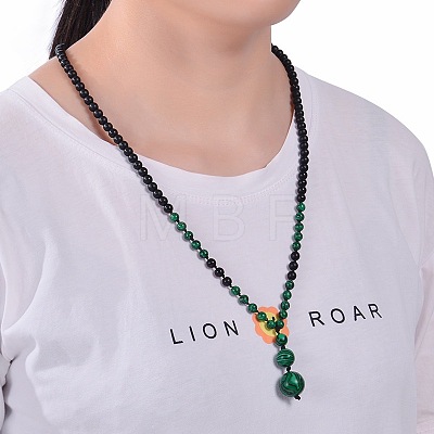 Synthetic Malachite & Frosted Stone Graduated Beaded Round Pendant Adjustable Braided Necklaces for Yoga and Aromatherapy HY9299-2-1
