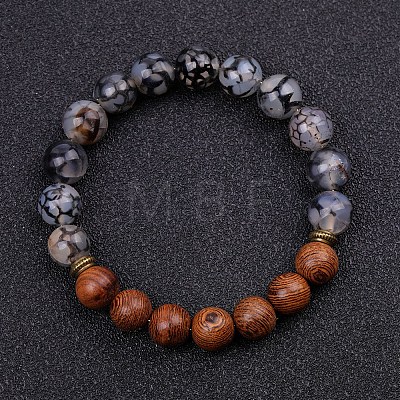 Dyed Natural Crackle Agate & Wood Round Beaded Stretch Bracelets PW-WG48929-08-1