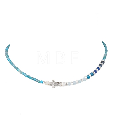 Natural Mixed Stone Faceted Round and Dyed Malaysia Jade & Pearl Beaded Necklaces with Brass Micro Pave Clear Cubic Zirconia Cross NJEW-JN05975-1