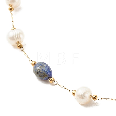 Natural Lapis Lazuli & Pearl Beaded Anklet AJEW-AN00500-05-1
