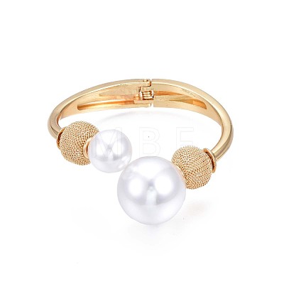 ABS Plastic Pearl Round Beaded Open Cuff Bangle BJEW-S118-104G-1