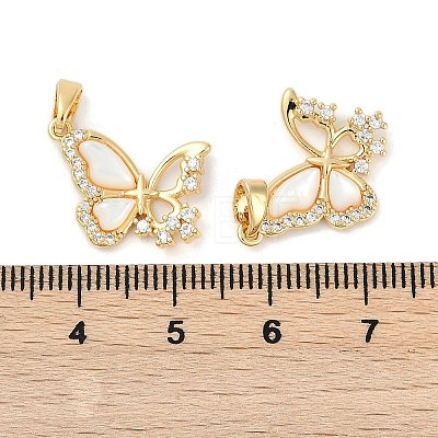 Brass Pave Natural White Shell Butterfly Pendants KK-U043-28G-1