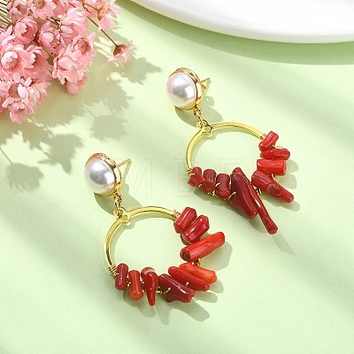 Dyed Synthetic Coral Irregular Column Beaded Dangle Stud Earrings EJEW-TA00293-1