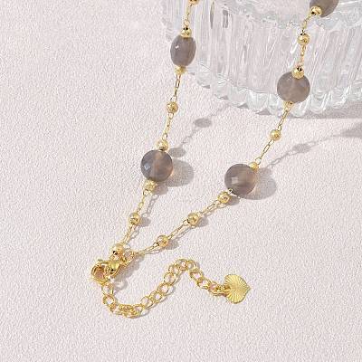 Natural Grey Agate Faceted Flat Round Beaded Chain Necklaces with Matte Brass Beads GG-CBA37F5-01G-12-1