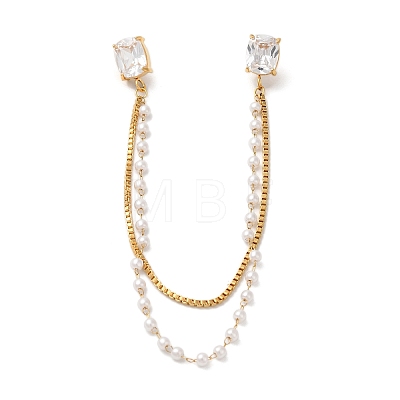 304 Stainless Steel Pave Clear Cubic Zirconia & ABS Pearl Rectangle Hanging Chain Brooch JEWB-S021-03G-1