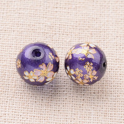 Flower Picture Printed Glass Round Beads GLAA-J089-10mm-B03-1