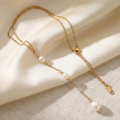 Adjustable Triple Faux Pearl Oval Tassel 304 Stainless Steel Lariat Y Necklaces for Women UT5440-1-1