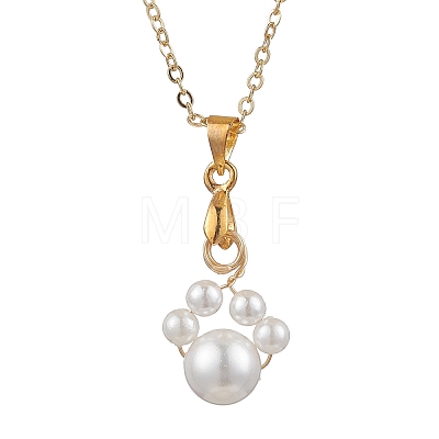 Shell Pearl 8mm Round Beaded Paw Print Pendant Necklaces NJEW-JN05171-02-1