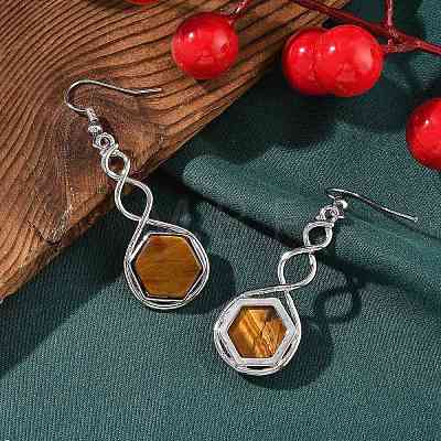 Hexagon Natural Tiger Eye Dangle Earrings EJEW-K298-01P-12-1