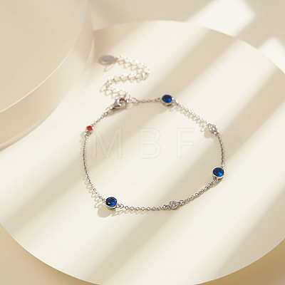 Rhodium Plated 925 Sterling Silver Pave Clear & Blue & Red Cubic Zirconia Cable Chain Bracelets BJEW-K250-02P-1