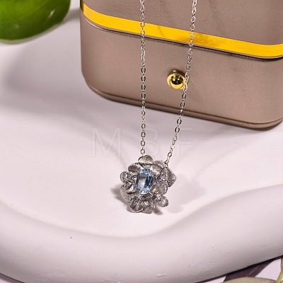 925 Sterling Silver Pave Clear Cubic Zirconia and Natural Topaz Flower Pendant Necklaces for Women FS-WGAB3DC-03-1