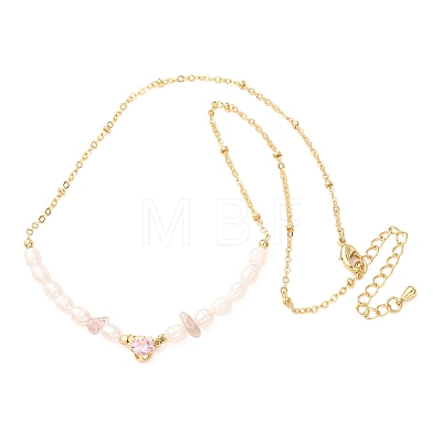 Natural Strawberry Quartz Chip and Rice Natural Pearl Beaded Necklaces GG-CBA3297-15G-H-1