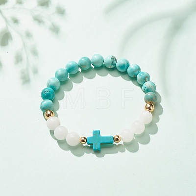 Natural White Jade & Howlite & Synthetic Turquoise(Dyed) Stretch Bracelet with Cross BJEW-JB08295-03-1