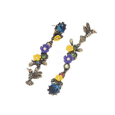 Alloy & Resin & Rhinestone Bird with Flower Stud Dangle Earrings for Women WG2278B-01-1