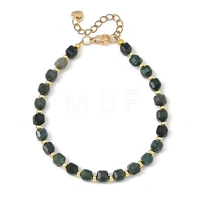 Faceted Cube Natural Moss Agate and Round Brass Beaded Bracelets BJEW-JB14445-1
