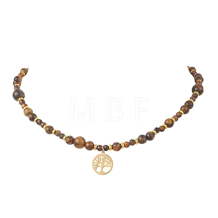 Tree of Life 304 Stainless Steel Pendant Natural Tiger Eye Round Beaded Necklaces NJEW-JN05712-1