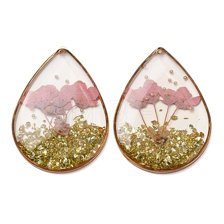 Brass & Transparent Epoxy Resin & Dried Flower Pendants RESI-G133-04G-01-1