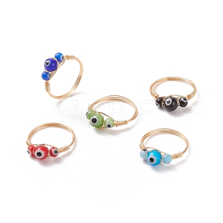 Round Lampwork Evil Eye Braided Finger Ring RJEW-JR00510-1