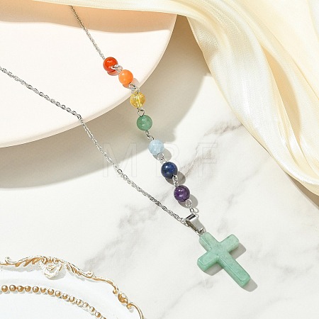 Chakra Natural Green Aventurine Religion Cross Pendant 304 Stainless Steel Cable Chain Necklaces for Women NJEW-JN06268-01-1