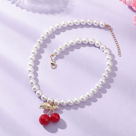 Brass Resin Red Cherry Pendant Round White Shell Pearl Beaded Necklaces NJEW-JN05733-1