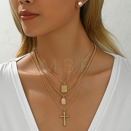 Brass Cubic Zirconia Stud Earrings & Three-layer Pendant Necklaces Sets FS-WG699DA-01-1