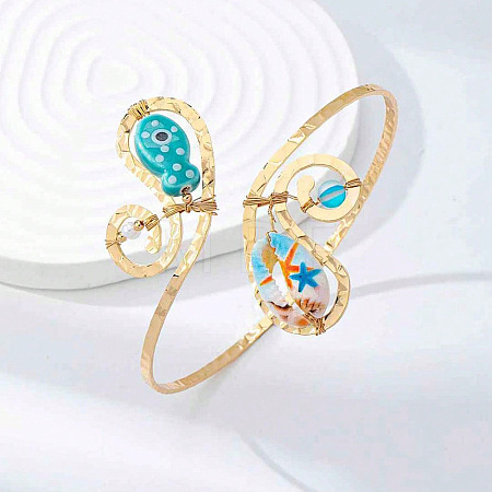 Bohemian Ocean Alloy & Resin & Plastic Pearl Fish Spiral Cuff Arm Bangles for Women WGA2359-02-1