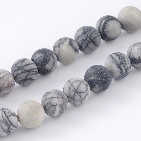 Round Frosted Natural Black Silk Stone/Netstone Bead Strands X-G-M248-8mm-03-1