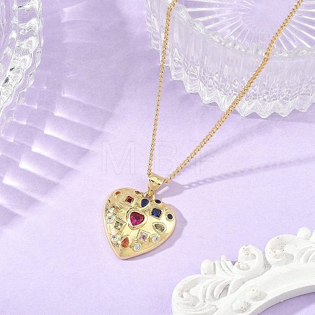 Brass Pave Pink Cubic Zirconia Heart Pendant Brass Curb Chain Necklace for Women NJEW-JN06484-01-1