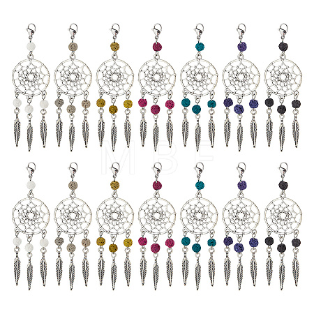 28Pcs 7 Colors Dyed Natural Lava Rock & Tibetan Style Alloy Pendant Decorations HJEW-AB00410-1