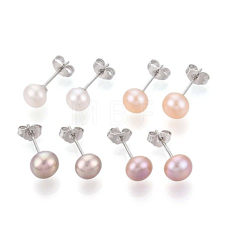 Natural Pearl Half Round Stud Earrings EJEW-Q701-01A-01A-03-1