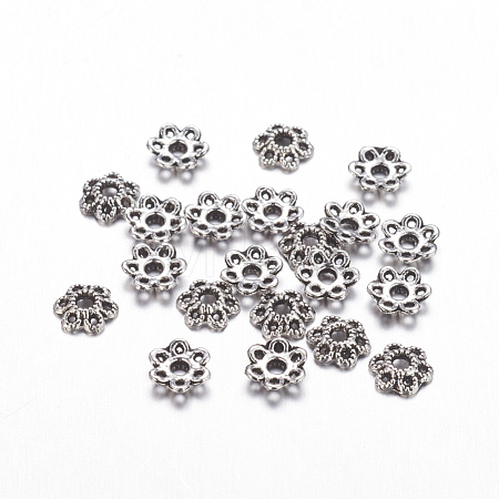6-Petal Tibetan Style Alloy Hollow Flower Bead Caps TIBE-S221-AS-NR-1