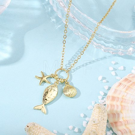 Ocean Brass Fish Shell Shape Starfish Pendant Cable Chain Necklaces for Women NJEW-JN06232-1