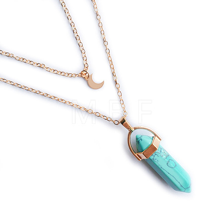 Synthetic Turquoise Double Terminated Pointed Bullet & Moon Alloy Pendant Double Layer Necklaces for Women WGAD714-04-1
