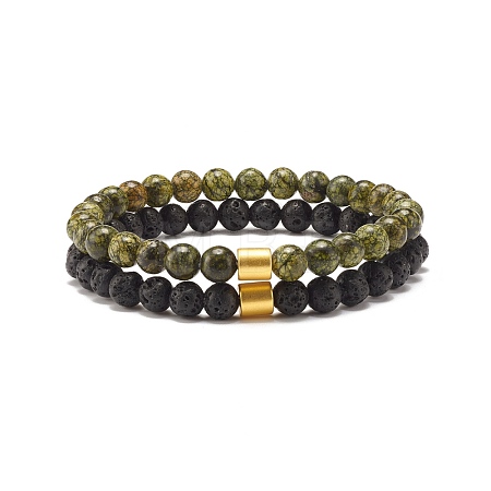 2Pcs 2 Style Natural Serpentine/Green Lace & Lava Rock Round Beaded Stretch Bracelets Set with Column Synthetic Hematite BJEW-JB07575-1